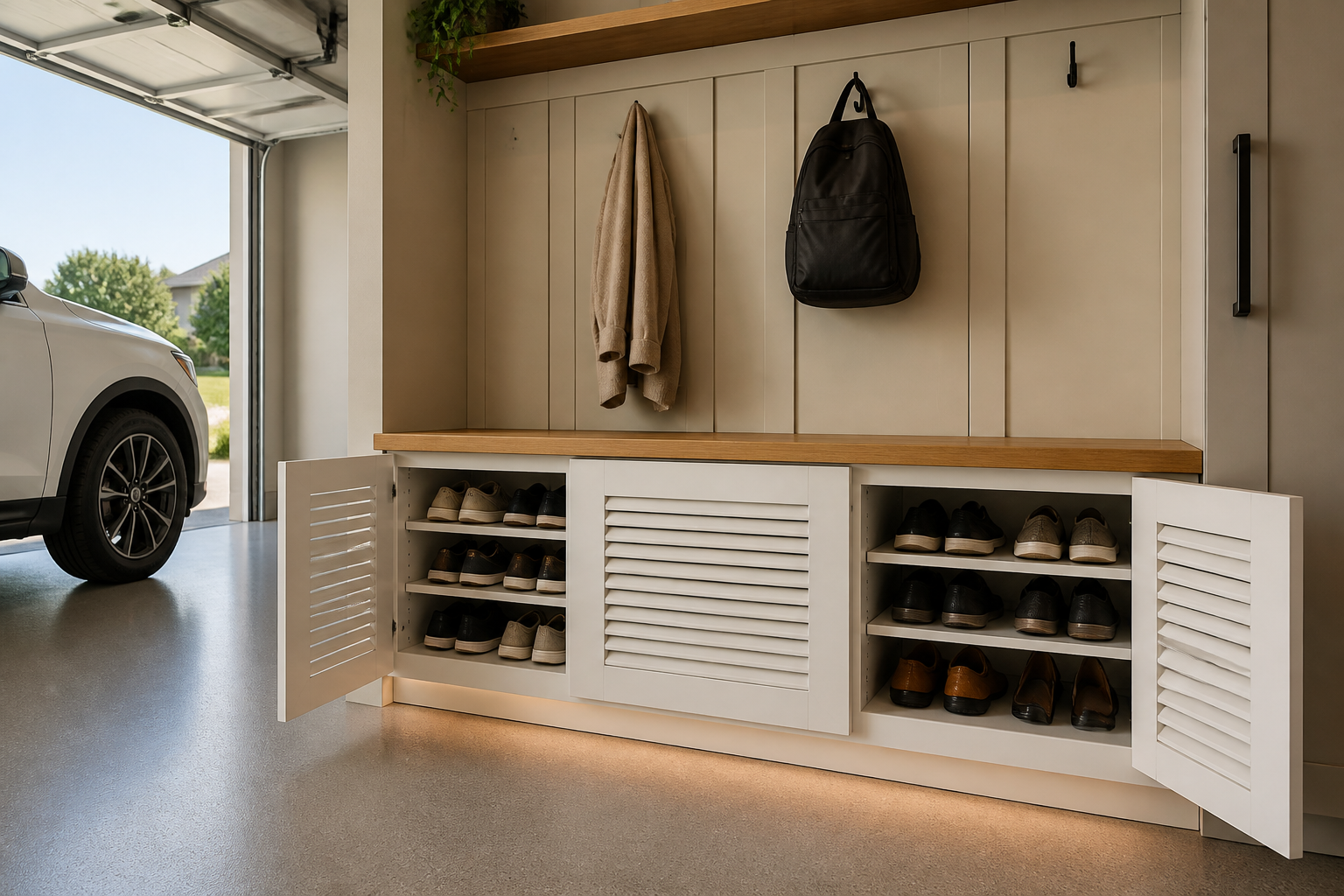 White louvered shoe storage cabinet with ventilation and adjustable shelving