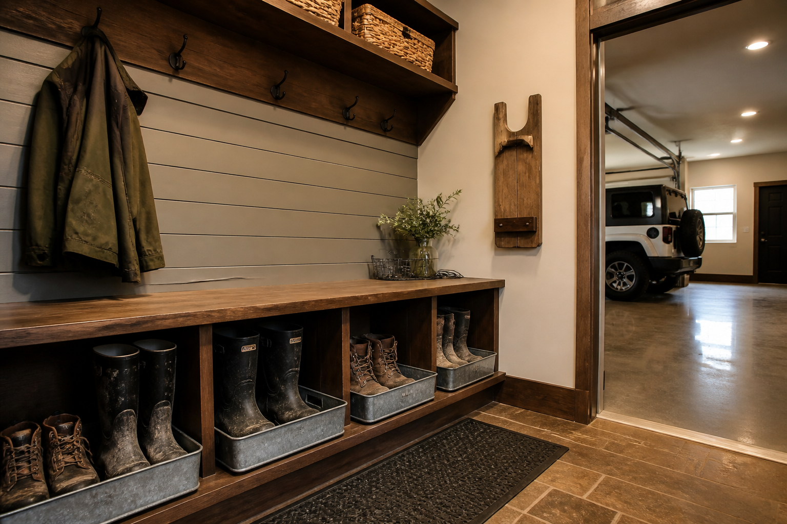 Individual galvanized metal boot trays on wooden mudroom shelf with wall-mounted boot jack