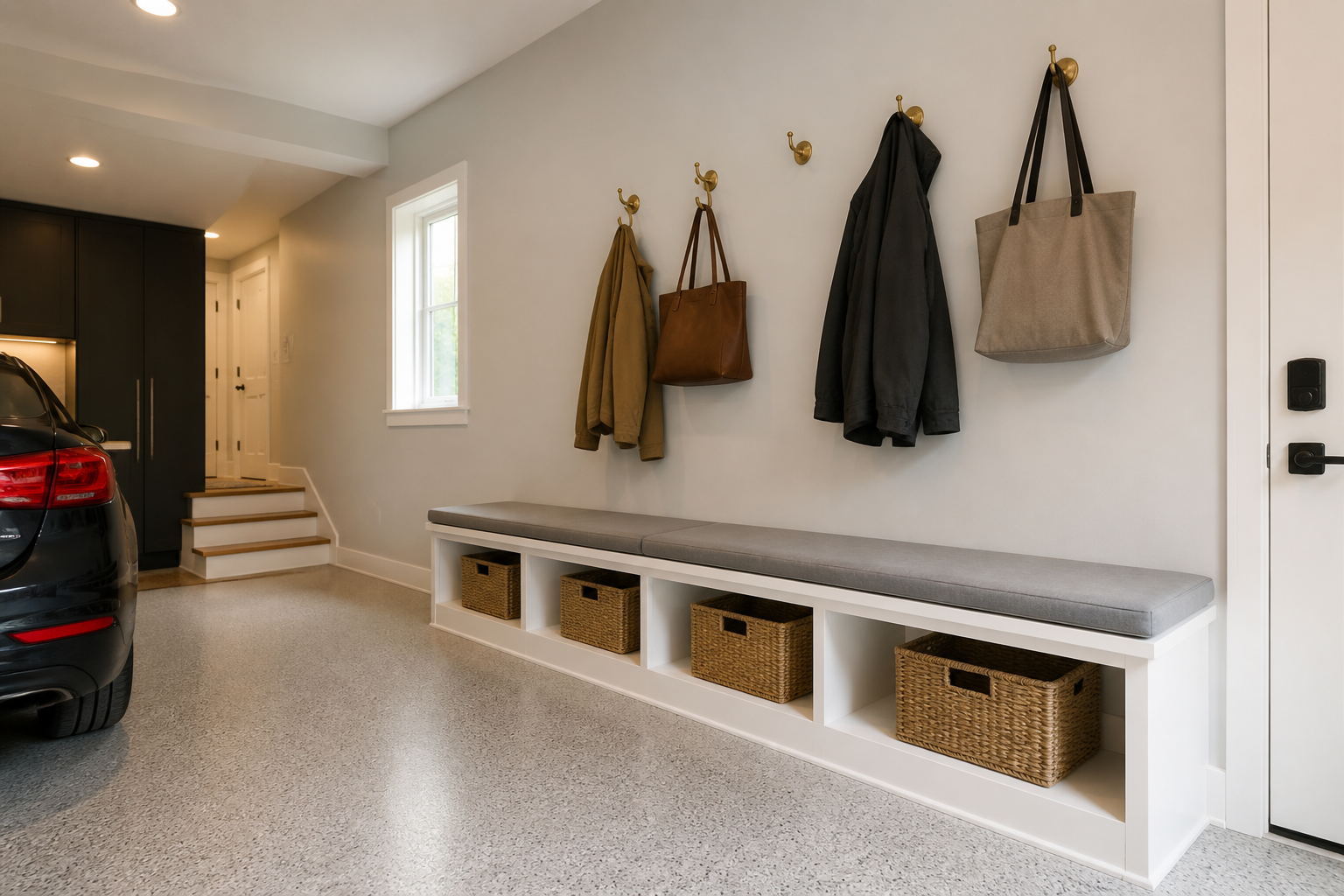 White built-in mudroom bench with gray cushion and storage cubbies underneath