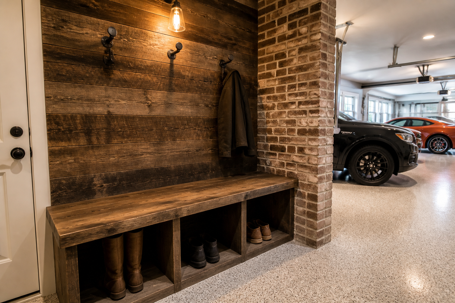 Reclaimed wood mudroom bench with dark walnut stain and industrial pipe hooks