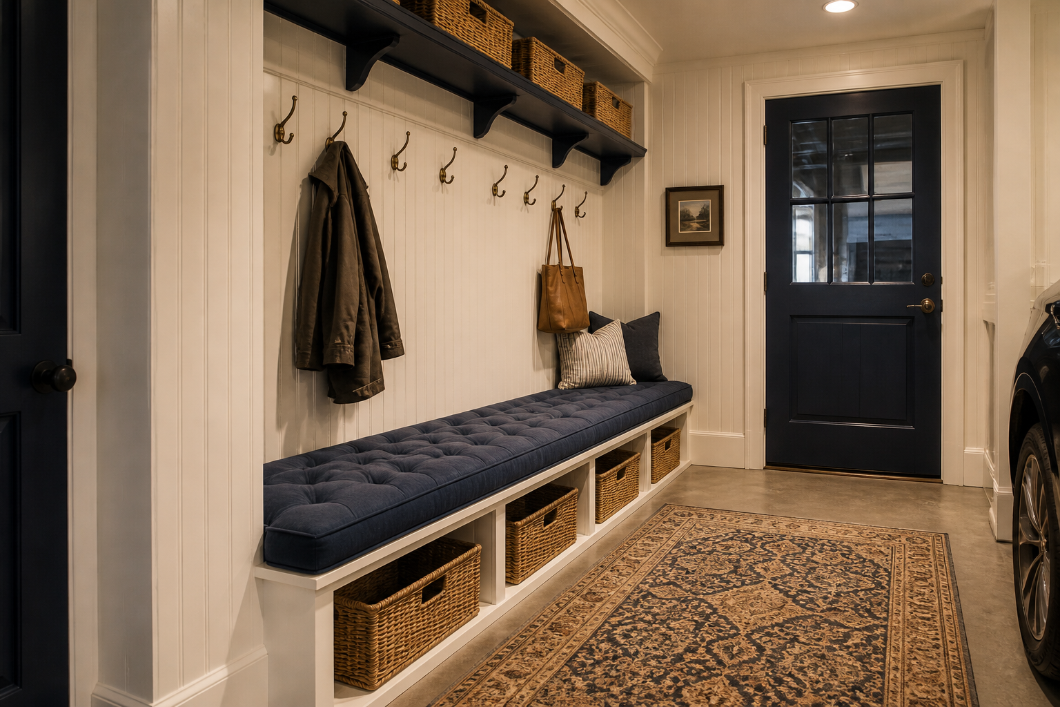 Navy blue tufted mudroom bench with white beadboard paneling and brass hooks