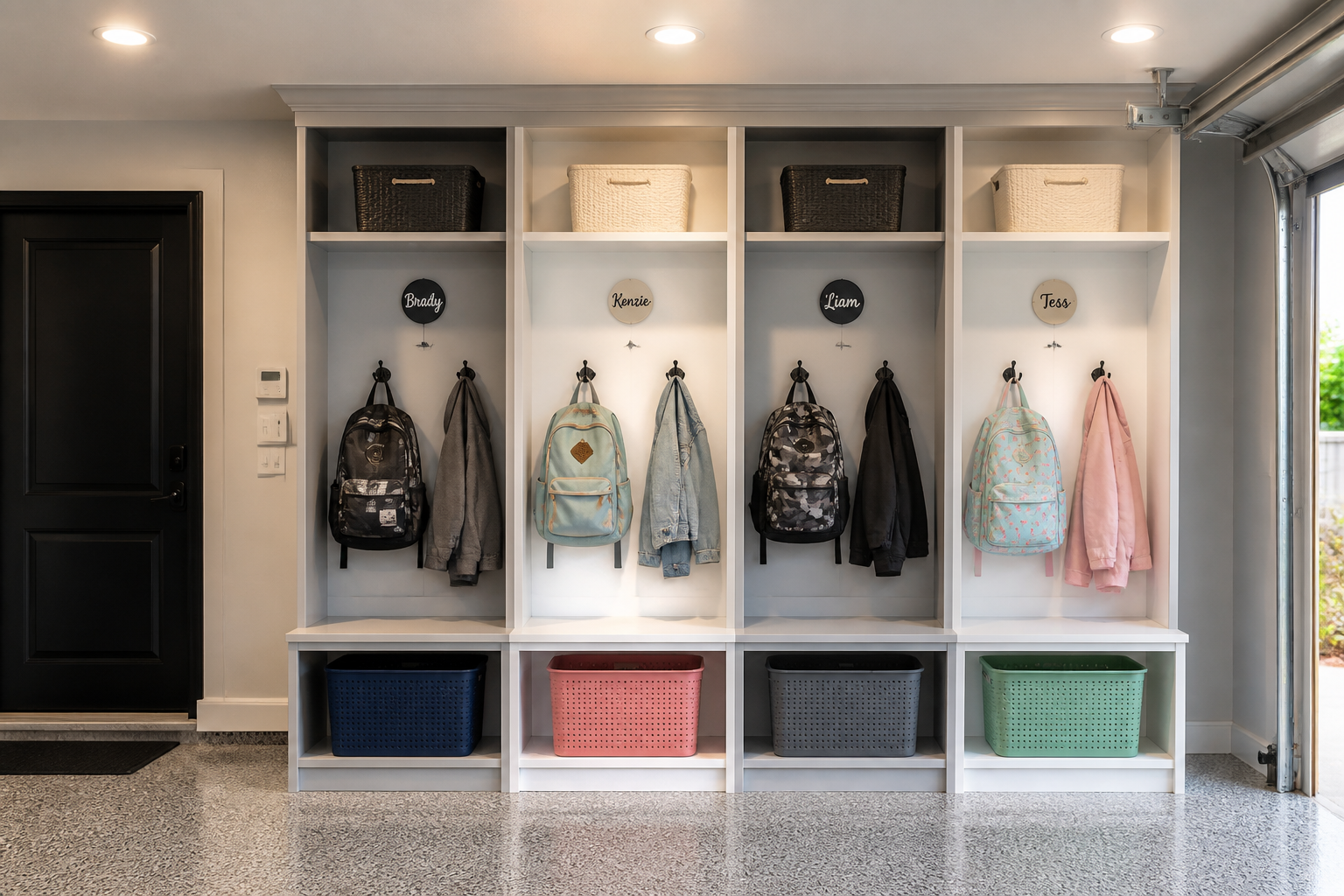 Four-section garage mudroom cubby wall with personalized storage for each family member