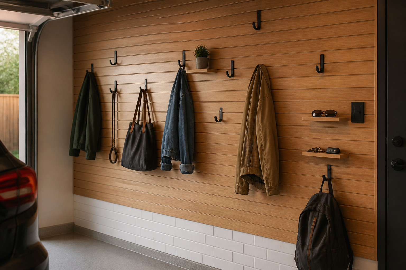 Natural oak slat wall mudroom system with adjustable black metal hooks