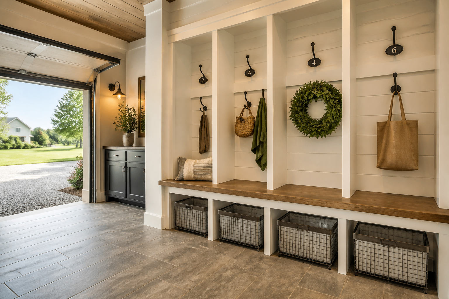 White shiplap farmhouse mudroom wall with numbered hooks and galvanized storage baskets