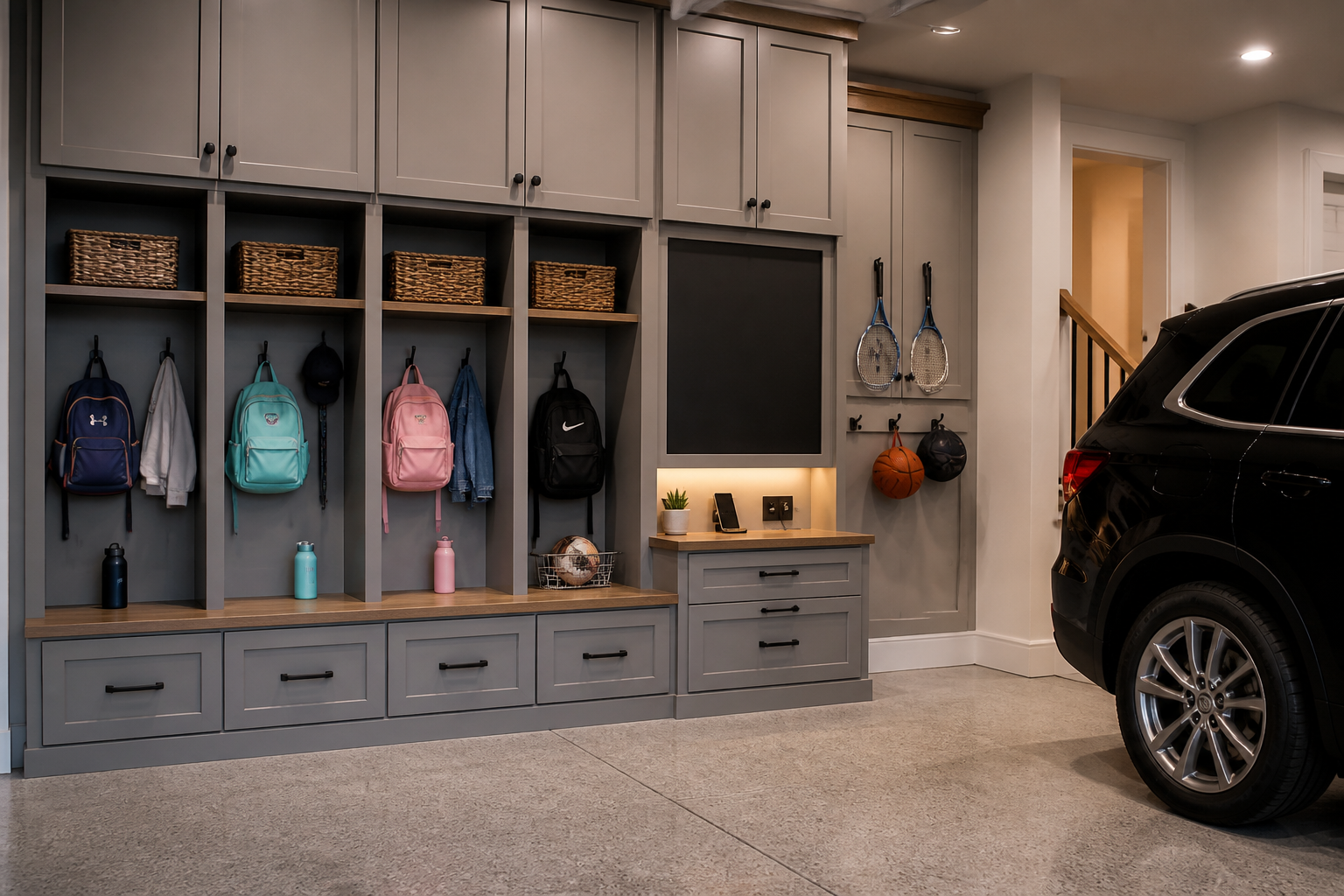 Complete family drop zone system with cabinets, cubbies, charging station, and message board