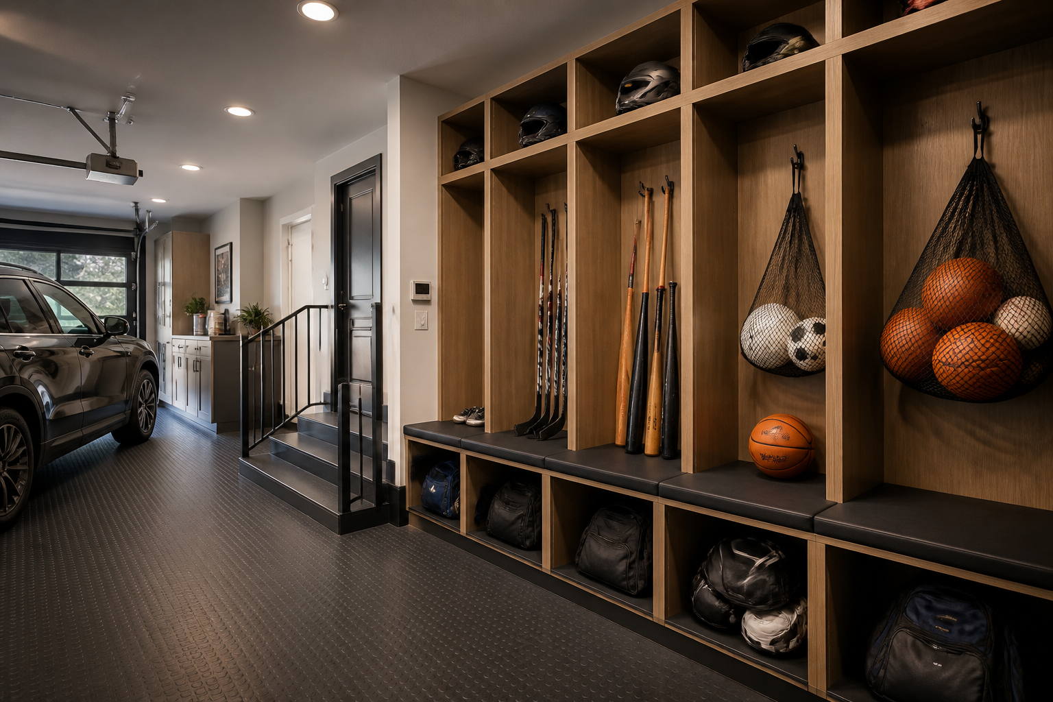 Sports equipment drop zone with tall cubbies for bats, sticks, and gear bags