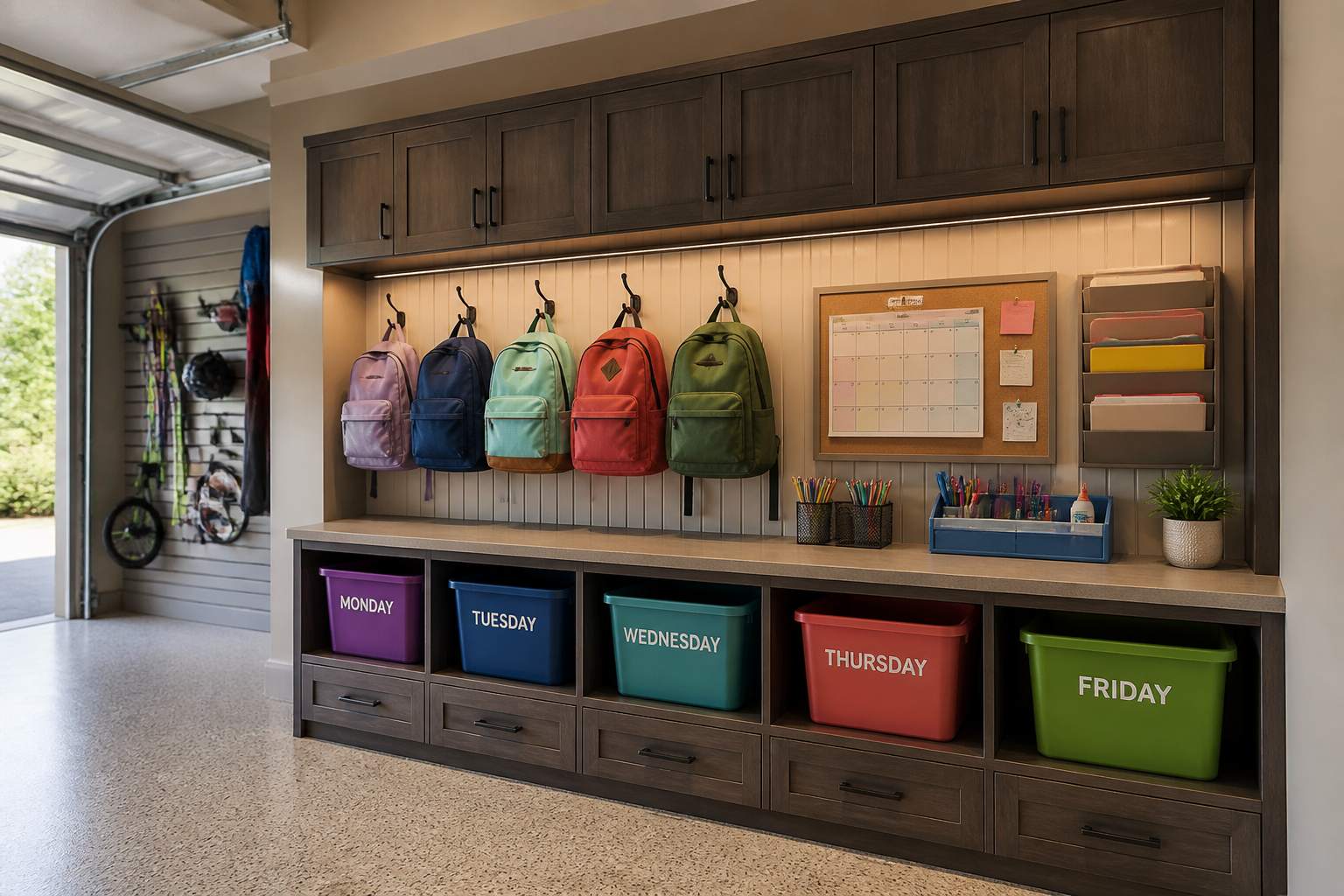 School-focused mudroom drop zone with weekly bins and homework organization system