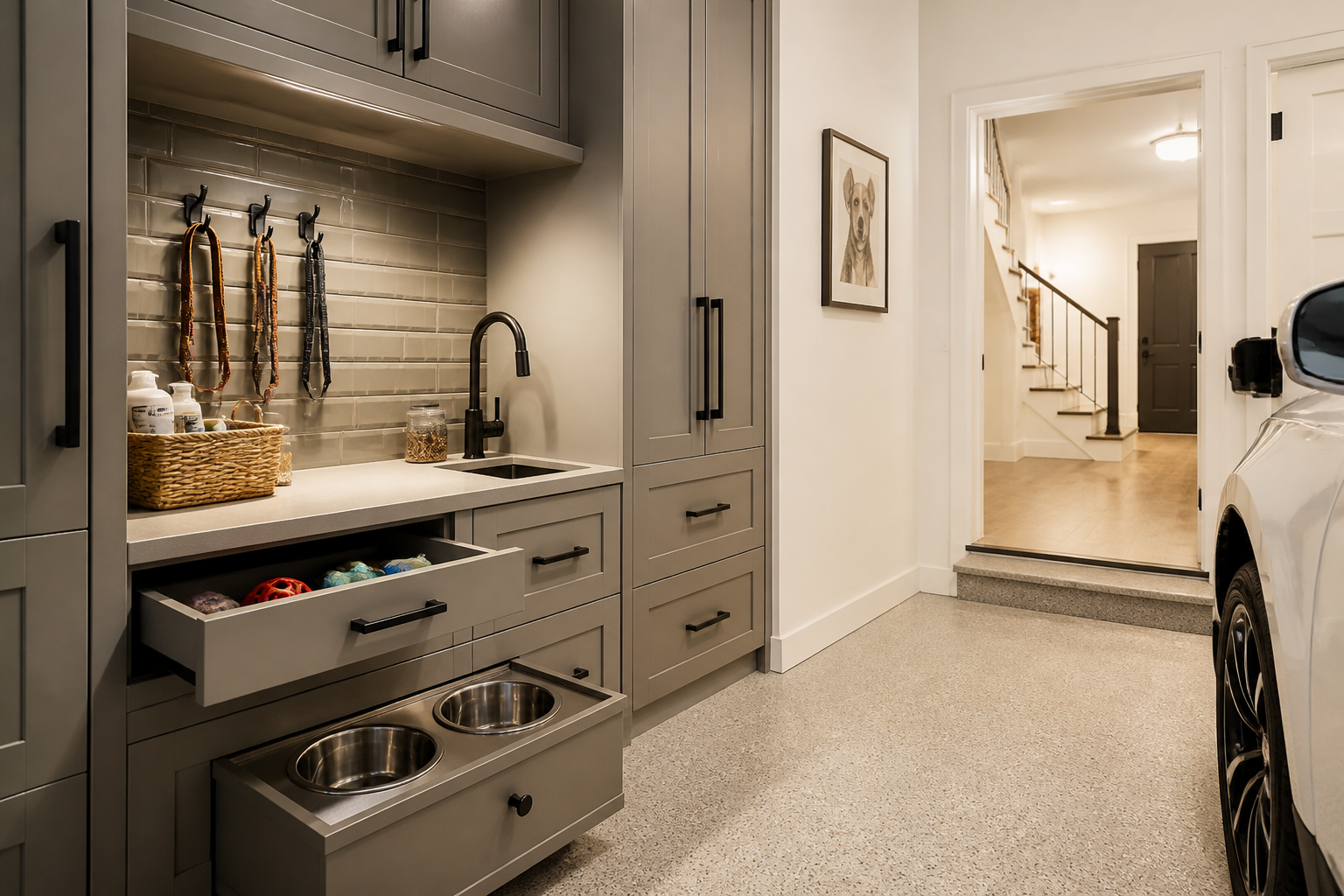 Built-in pet station with elevated feeding bowls, paw washing sink, and leash storage