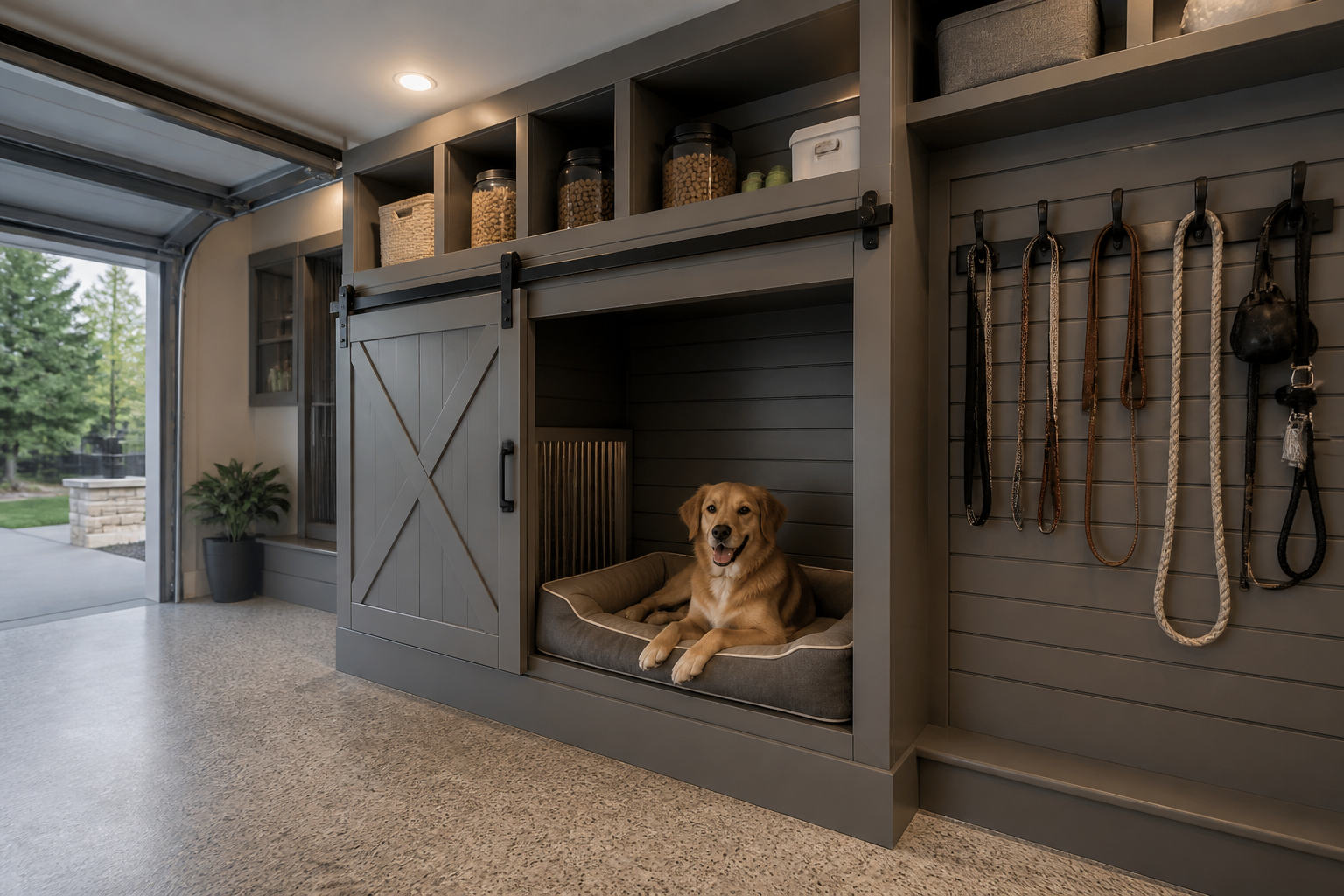 Custom dog kennel cubby with sliding barn door and integrated supply storage