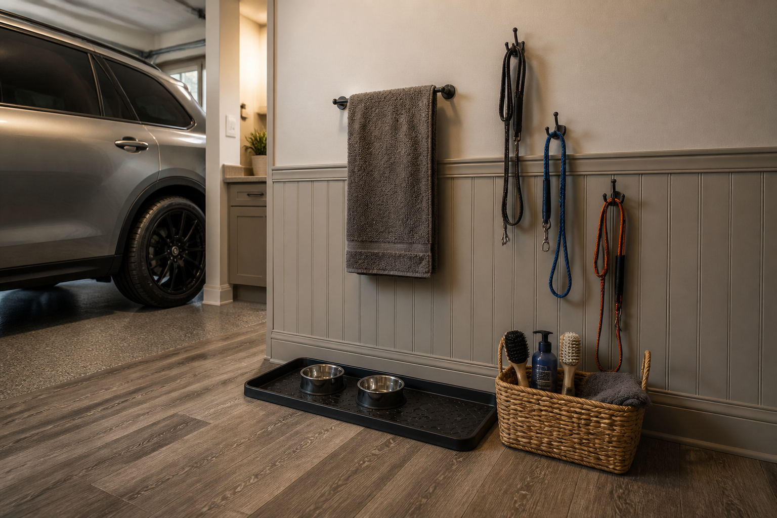 Compact pet mudroom corner with towel rack, boot tray, and grooming supply storage