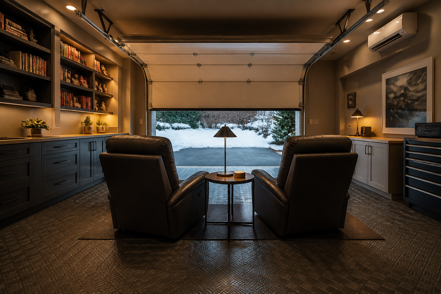 Climate-controlled garage hybrid lounge with mini-split AC, recliners, and partially raised door