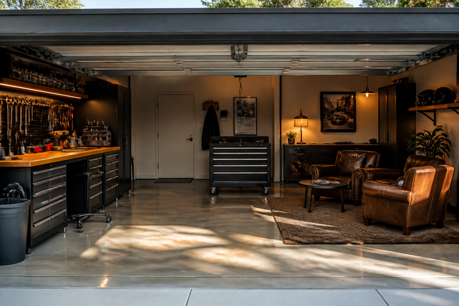 Multi-functional garage with workbench area and leather chair lounge separated by zones