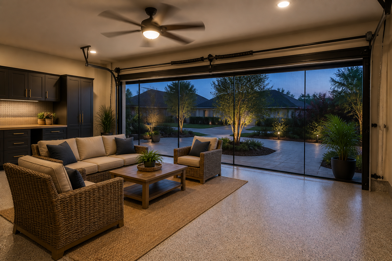 Screened garage lounge with retractable screens, wicker furniture, and ceiling fan overhead