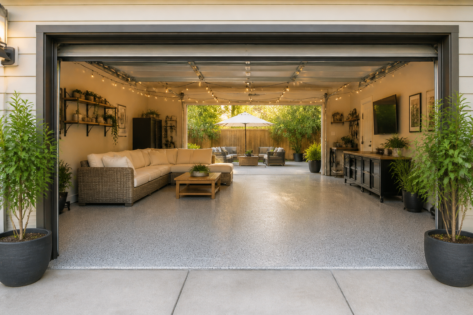 Modern garage outdoor lounge with gray epoxy floor and white wicker sectional seating