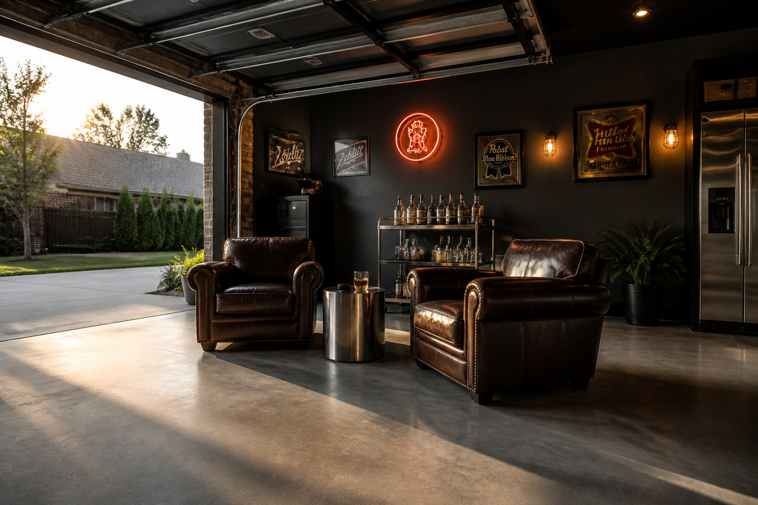 Two-car garage lounge with leather chairs, bar cart, and vintage signage on walls
