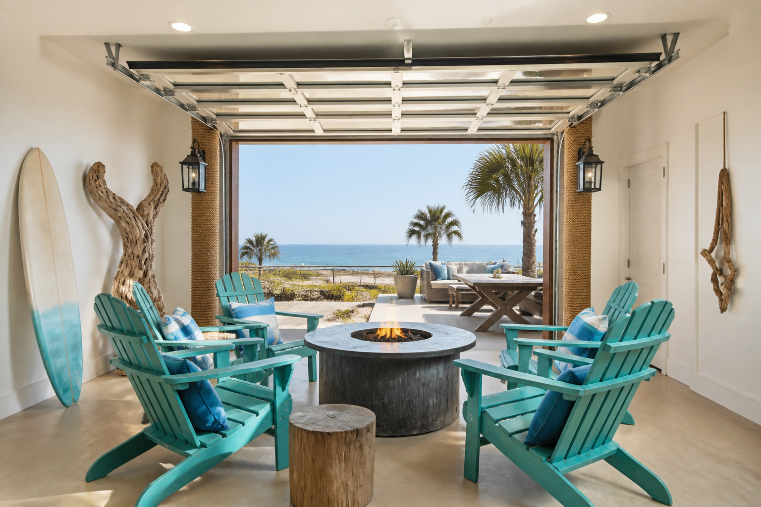 Beach-themed garage outdoor lounge with turquoise Adirondack chairs and fire pit table