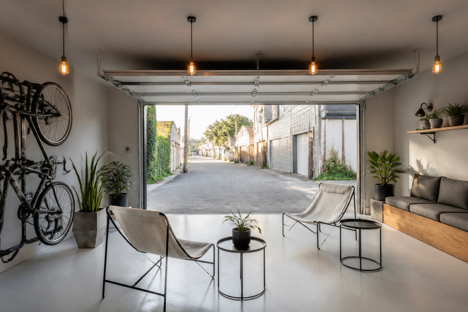 Scandinavian minimalist garage lounge with white floor and simple wooden bench seating