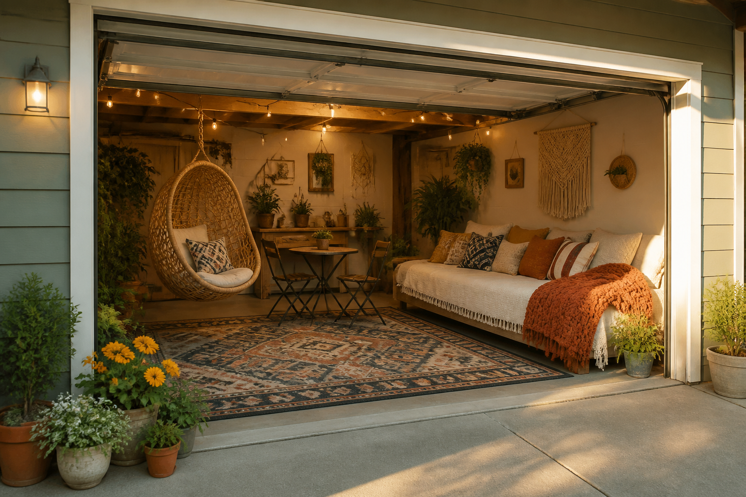 Cozy garage patio with daybed sofa, hanging rattan chair, and colorful throw pillows