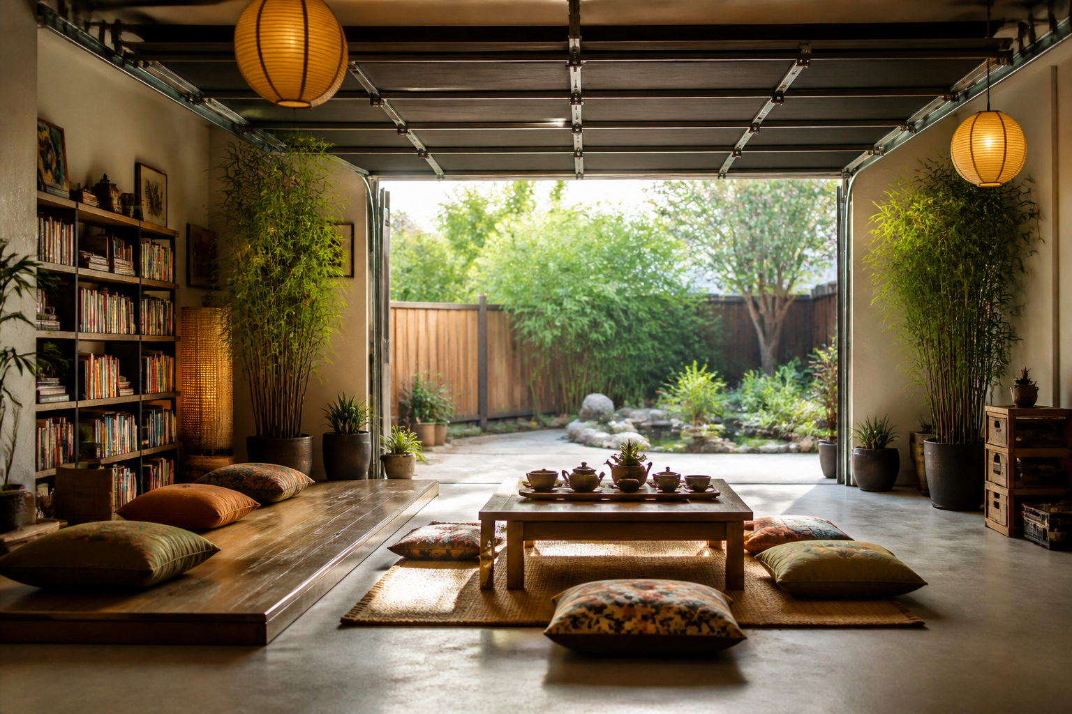 Zen-style garage patio with floor cushions, low table, and hanging paper lanterns