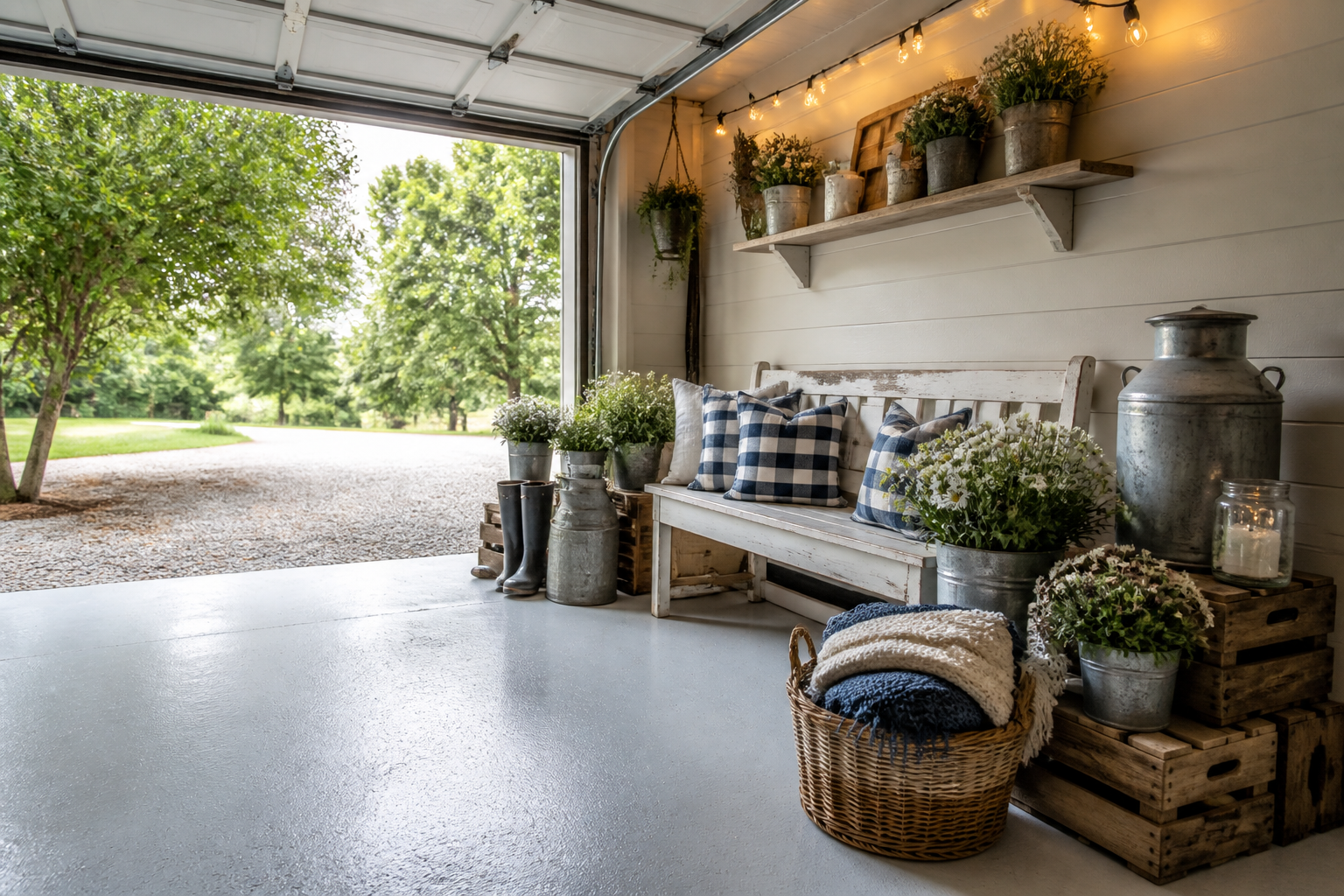 Farmhouse garage patio with whitewashed floor, distressed bench, and gingham cushions