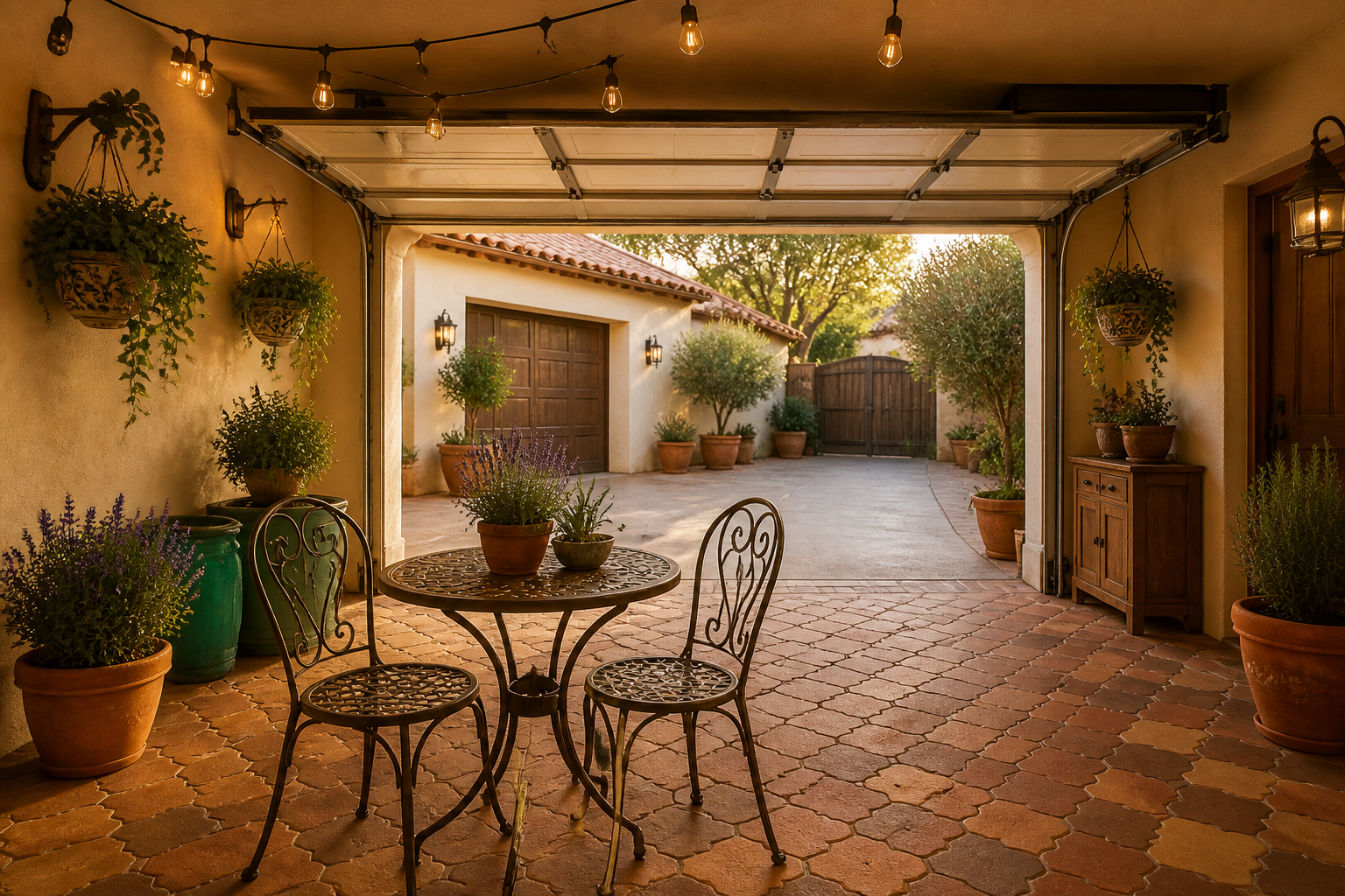 Mediterranean garage patio with terracotta-look flooring, wrought iron bistro set, and herb pots