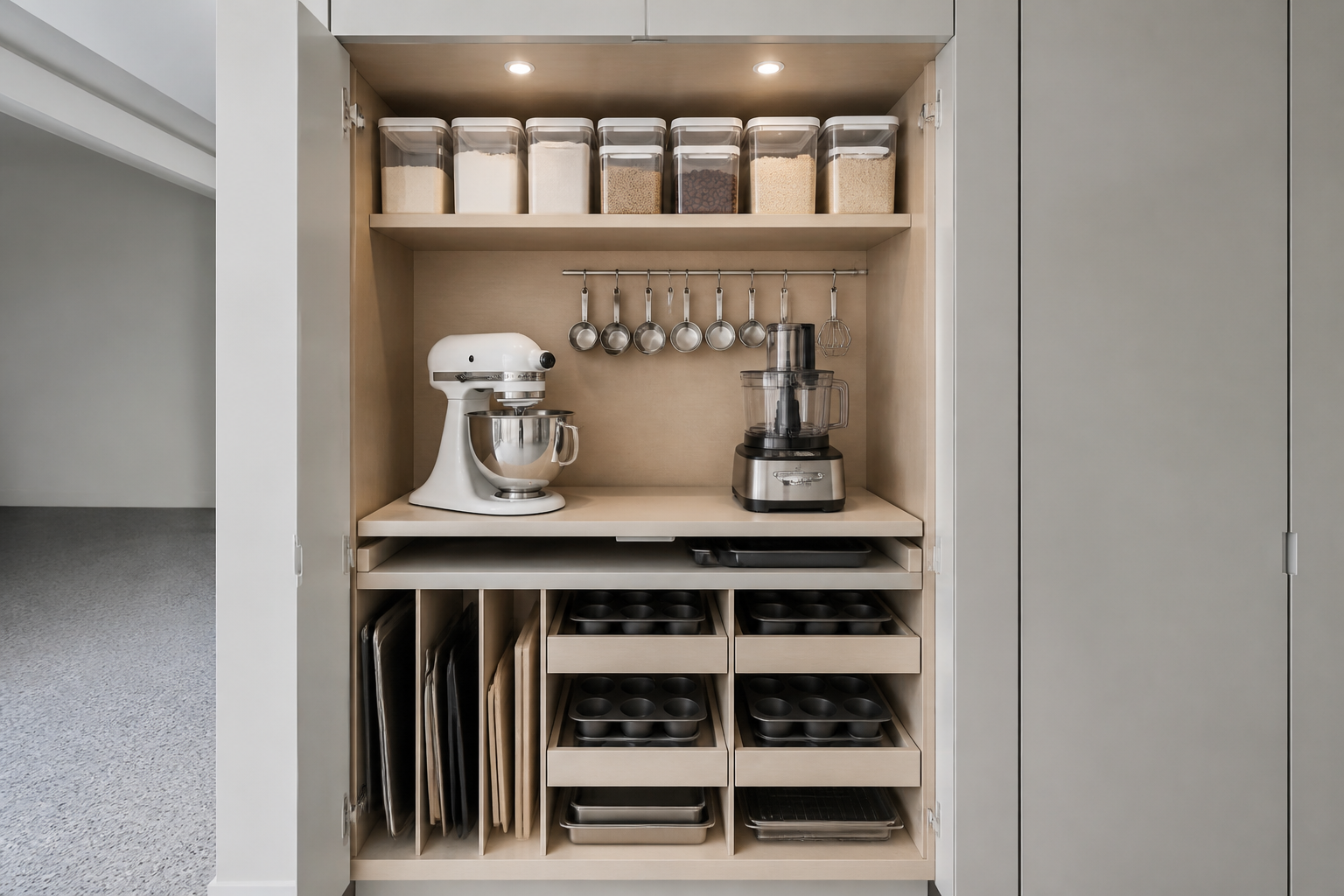 Organized baking supply zone with vertical storage in garage pantry cabinets
