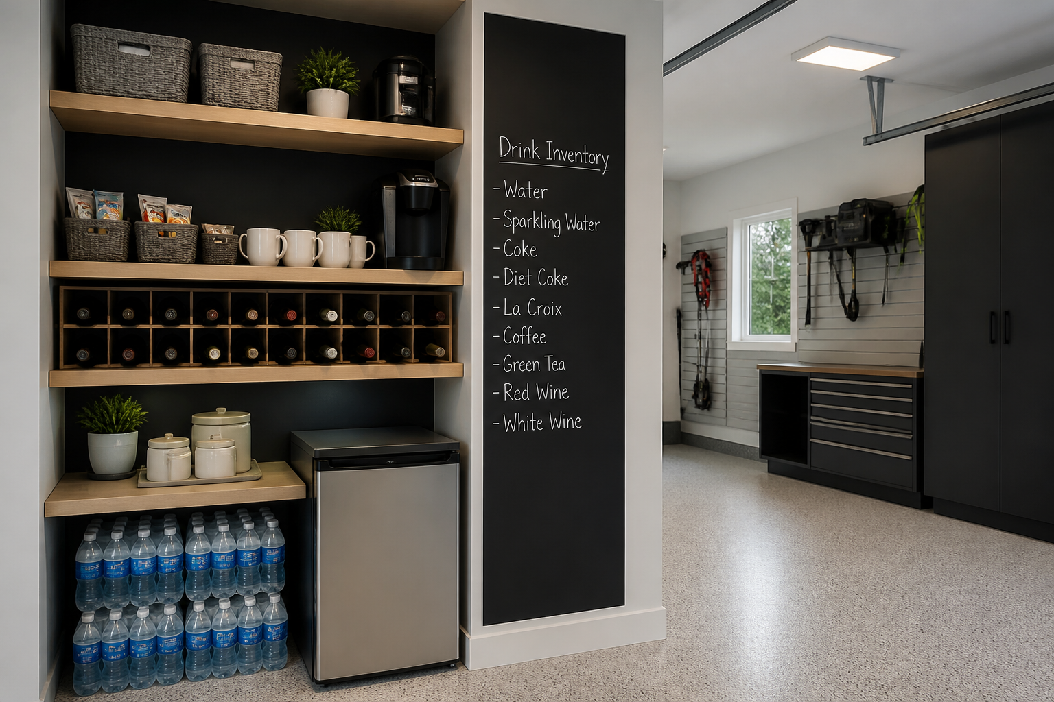 Dedicated beverage storage area in garage pantry with water, wine, and coffee station