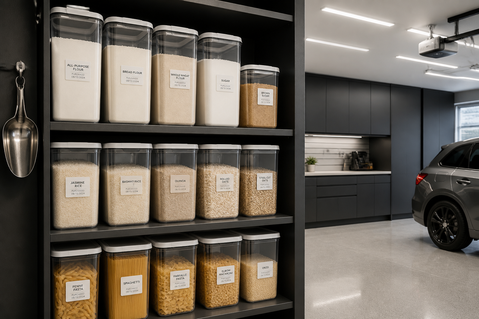 Clear airtight containers storing bulk dry goods on garage pantry shelves