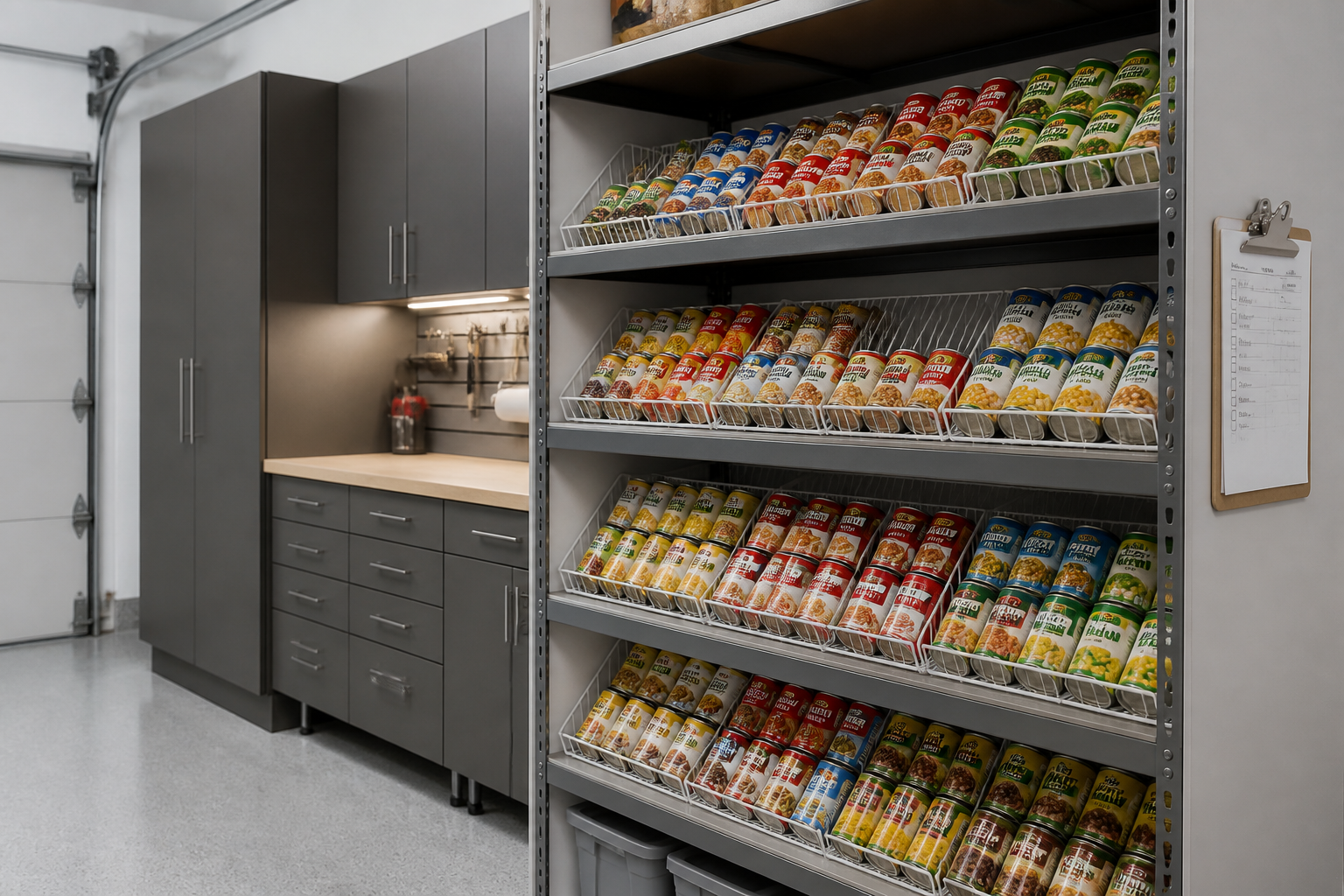 Slanted can rack organizers displaying canned goods in garage pantry