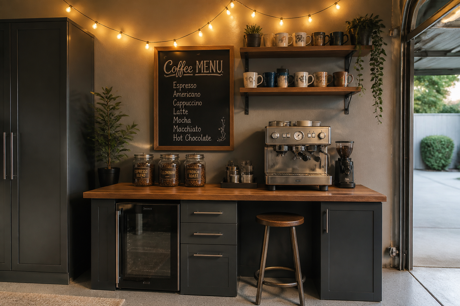Coffee bar station with espresso machine and mug display in garage pantry