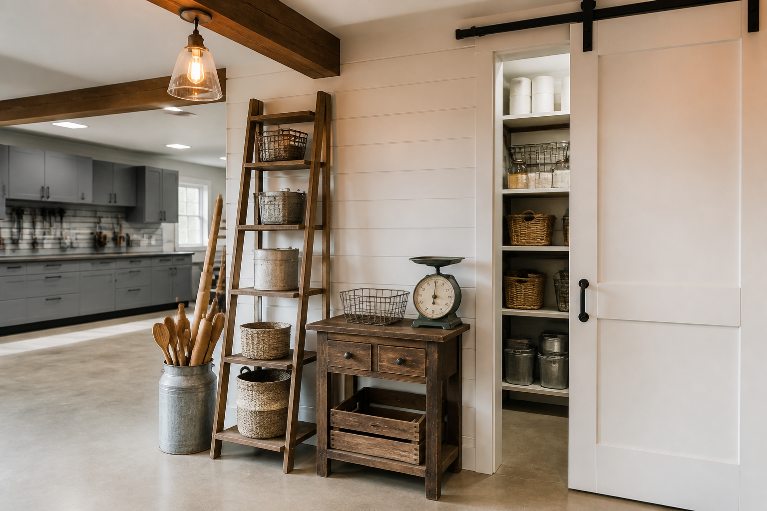 Farmhouse pantry nook with vintage ladder shelving and barn door hardware
