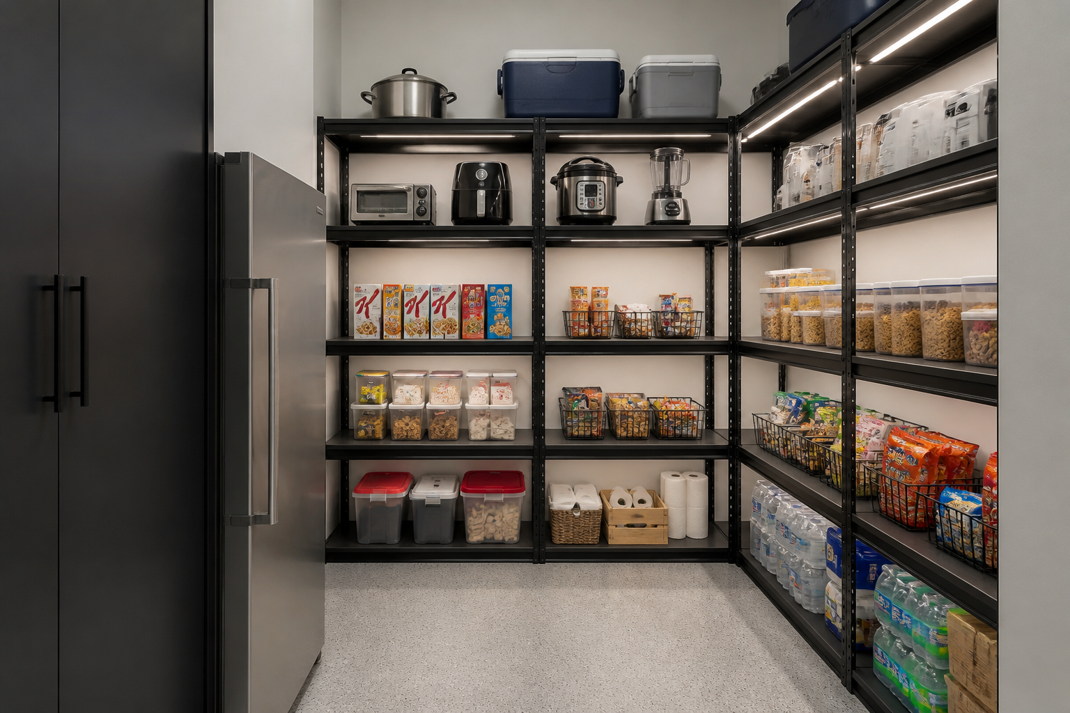 Black metal industrial shelving in L-shape configuration for garage pantry corner