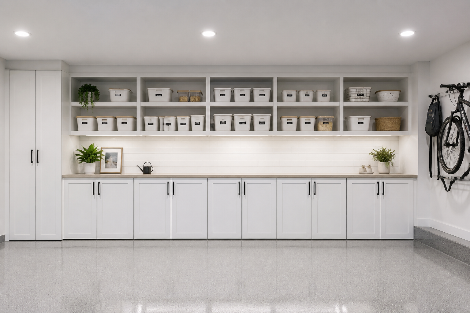 Mixed open shelving and closed white cabinets in organized garage pantry