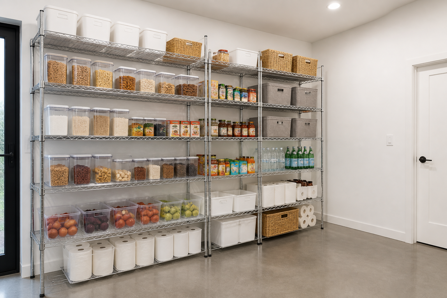 Chrome wire shelving units in garage pantry with organized food storage containers