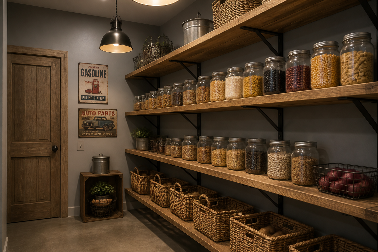 Rustic wood plank shelving with mason jars and baskets in garage pantry
