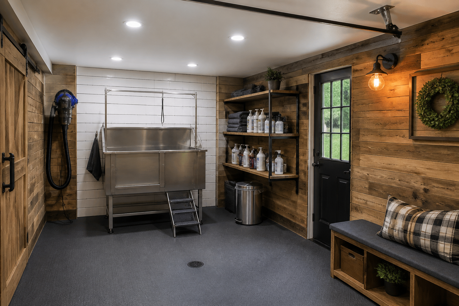 Garage dog grooming station with elevated stainless steel tub and white tile splash wall