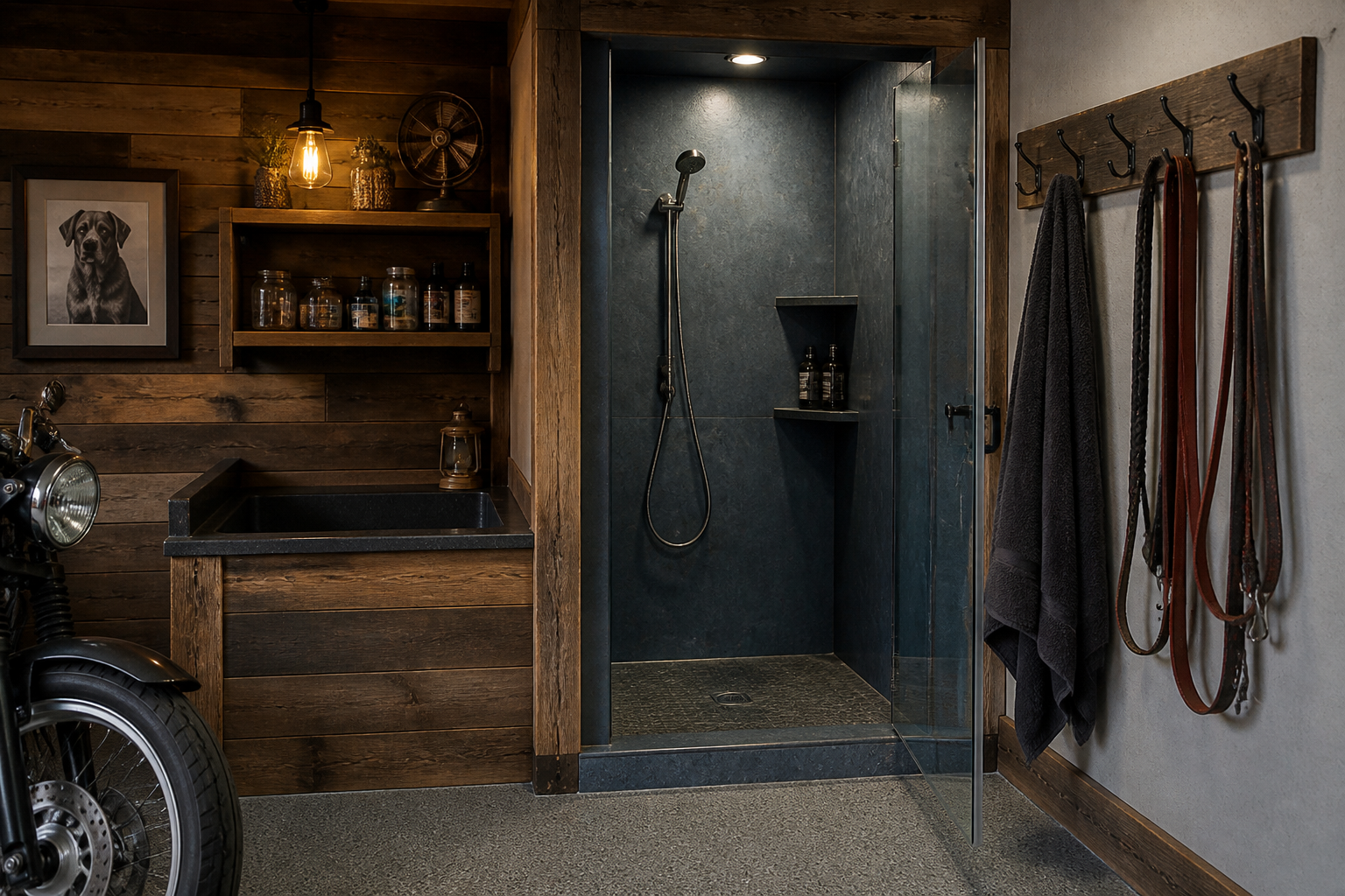 Corner garage dog wash station with walk-in shower and waterproof wall panels