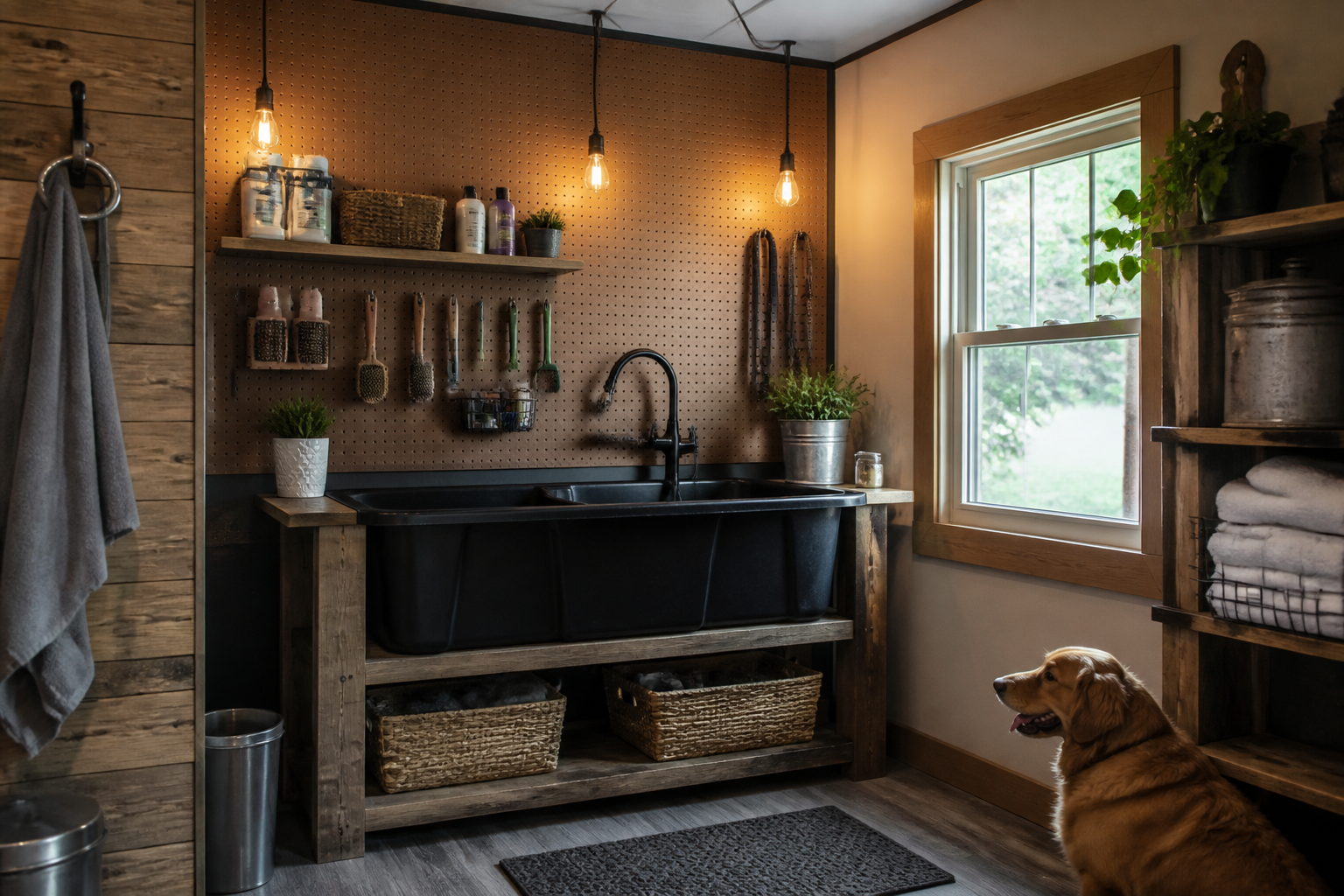 Simple garage dog grooming setup with utility sink and pegboard organization
