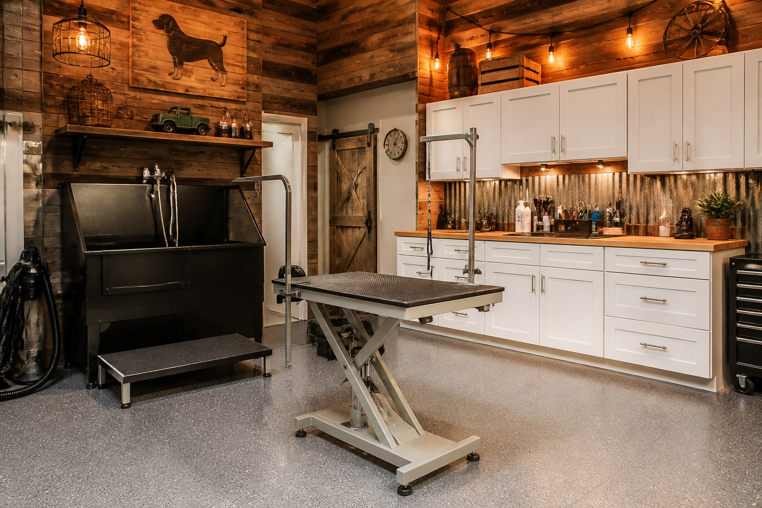 Professional garage dog grooming area with hydraulic table and storage cabinets