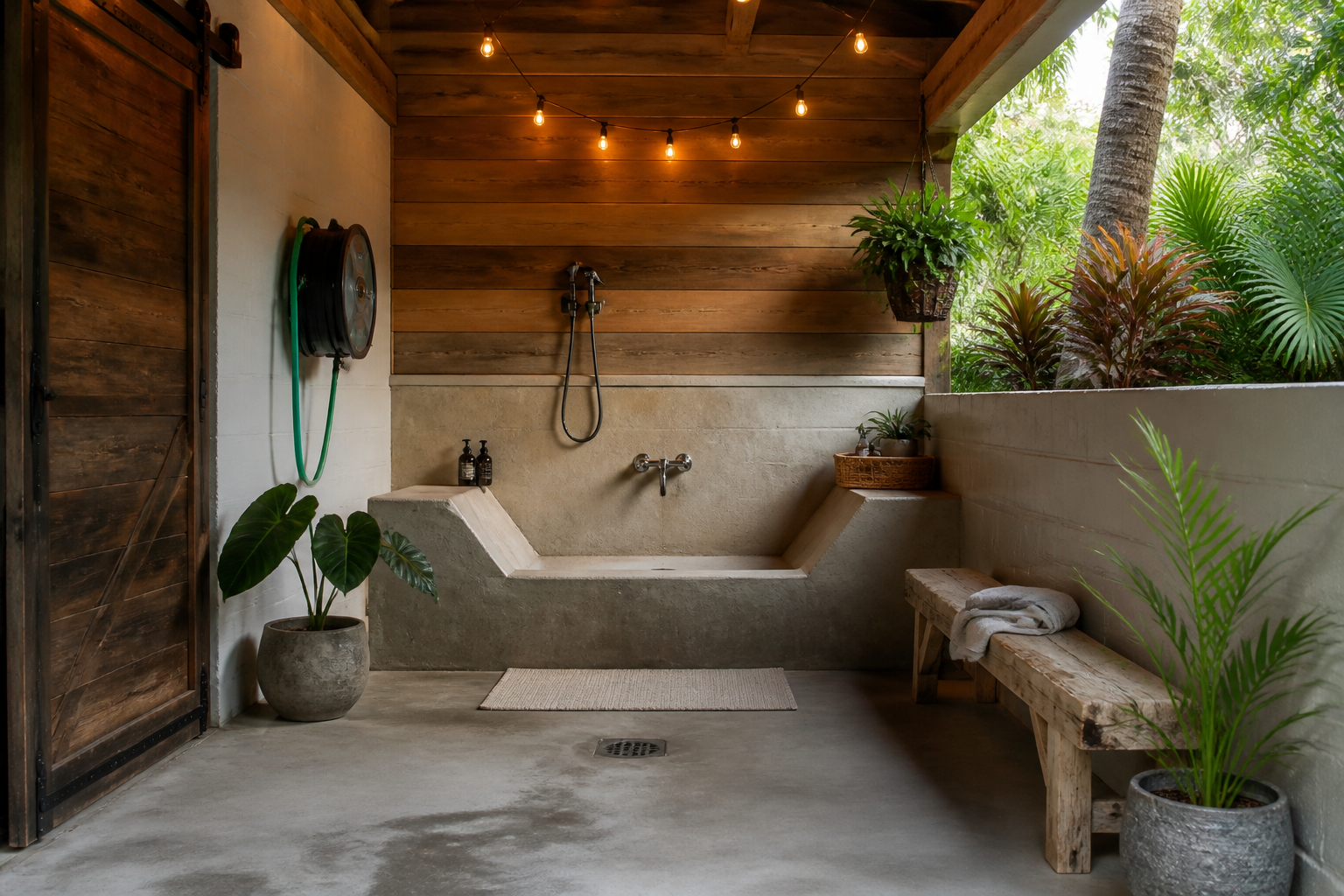 Open-air garage dog washing station with floor drain and garden hose