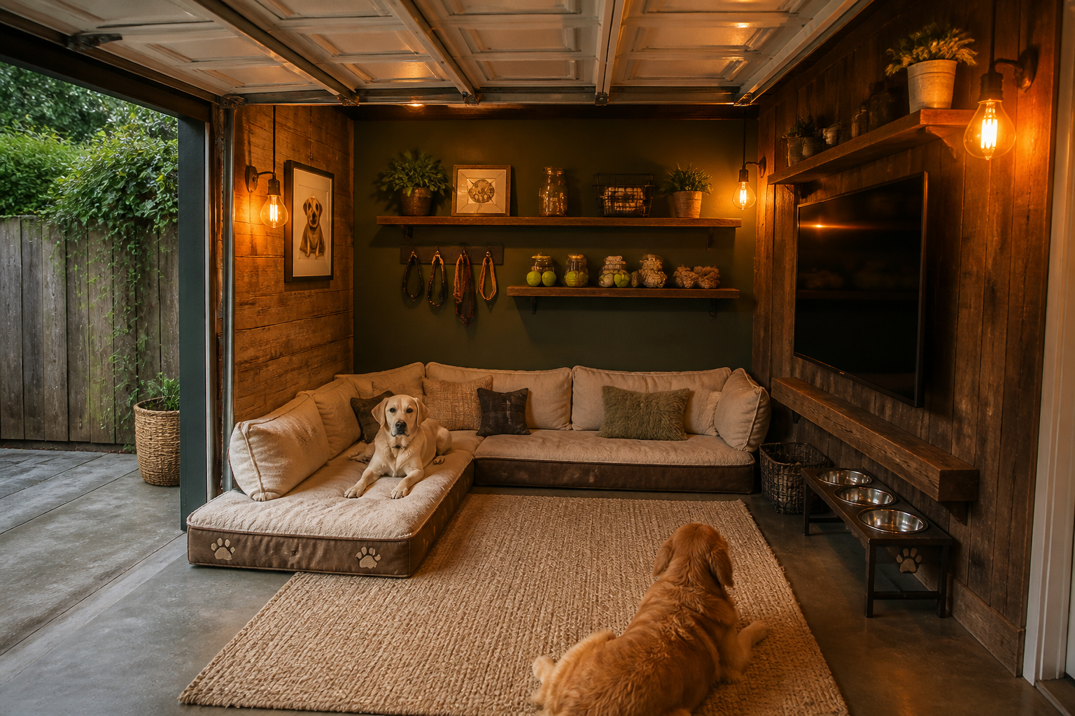 Comfortable garage pet lounge with sectional dog bed and entertainment area