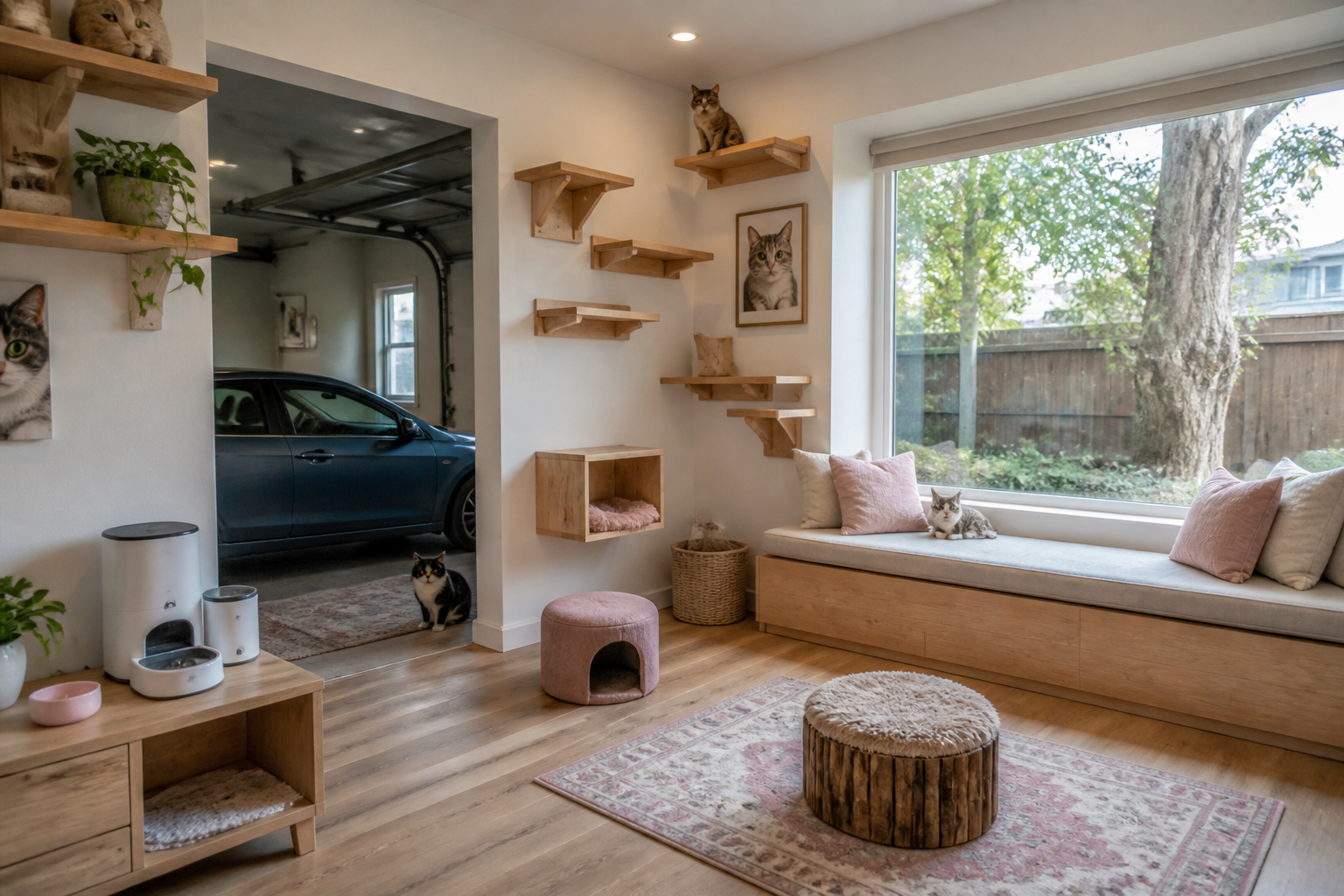 Garage cat lounge featuring vertical climbing shelves and window perch