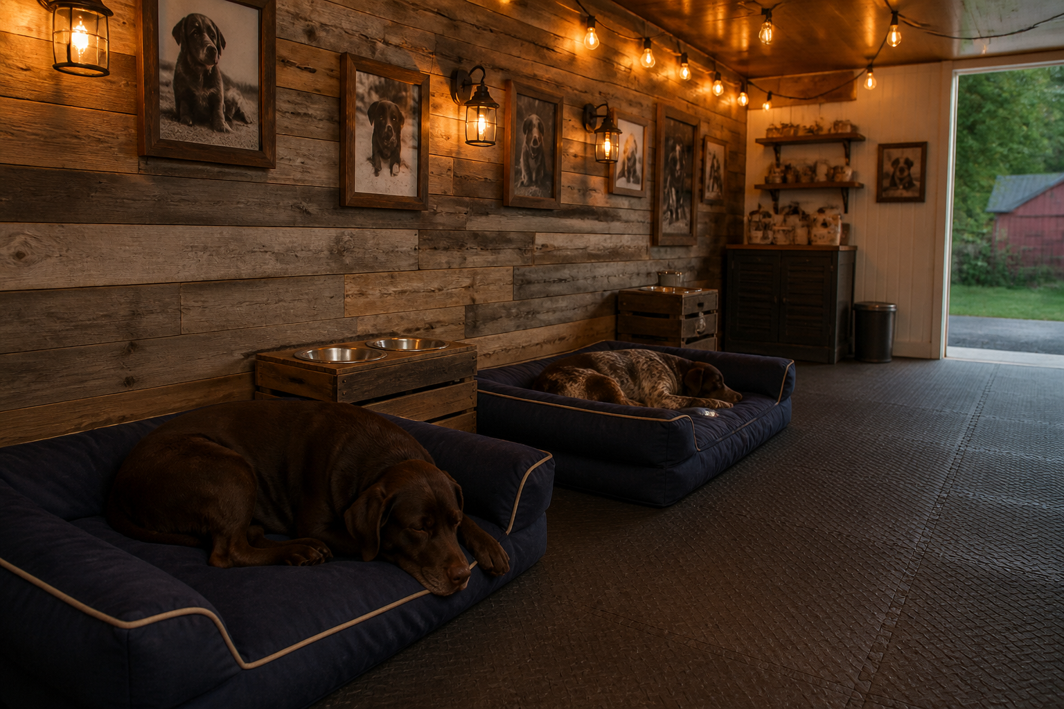 Rustic garage pet room with reclaimed wood wall and orthopedic dog beds