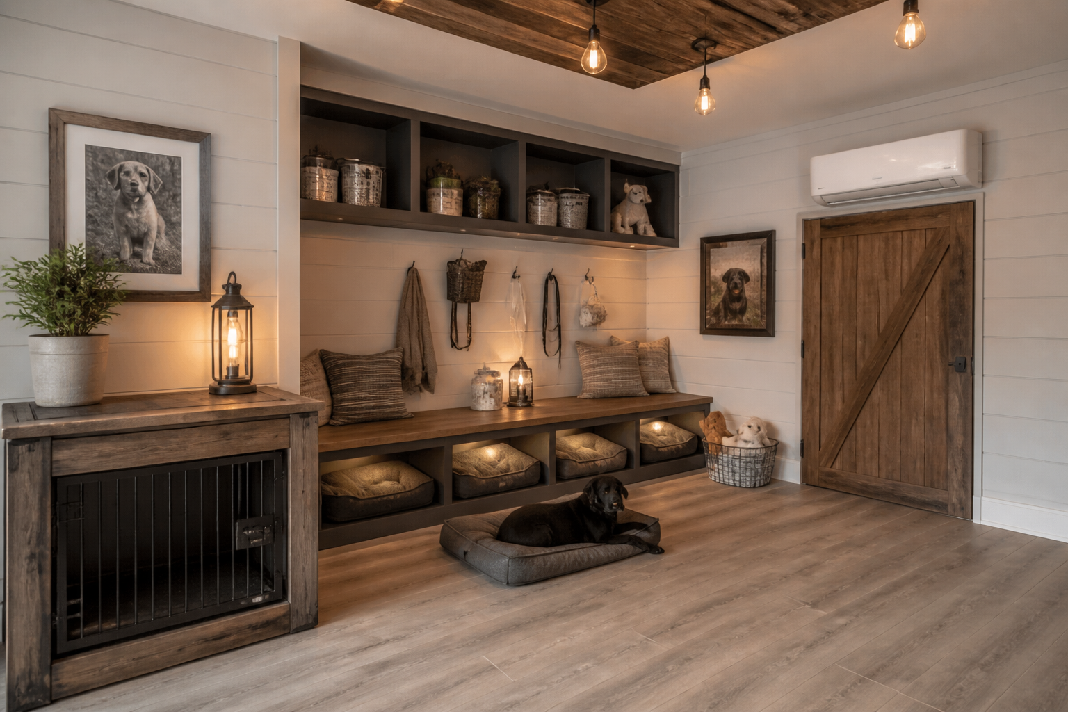 Climate-controlled garage pet suite with heating and cooling systems