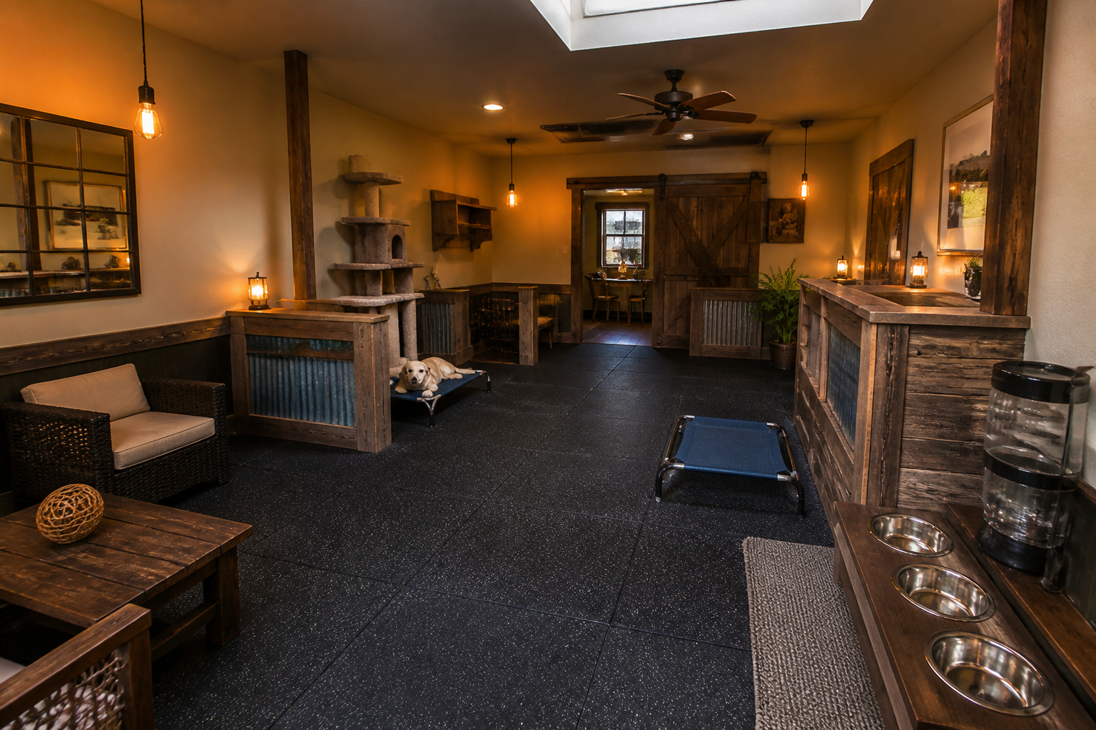 Multi-pet garage lounge with separate zones for cats and dogs