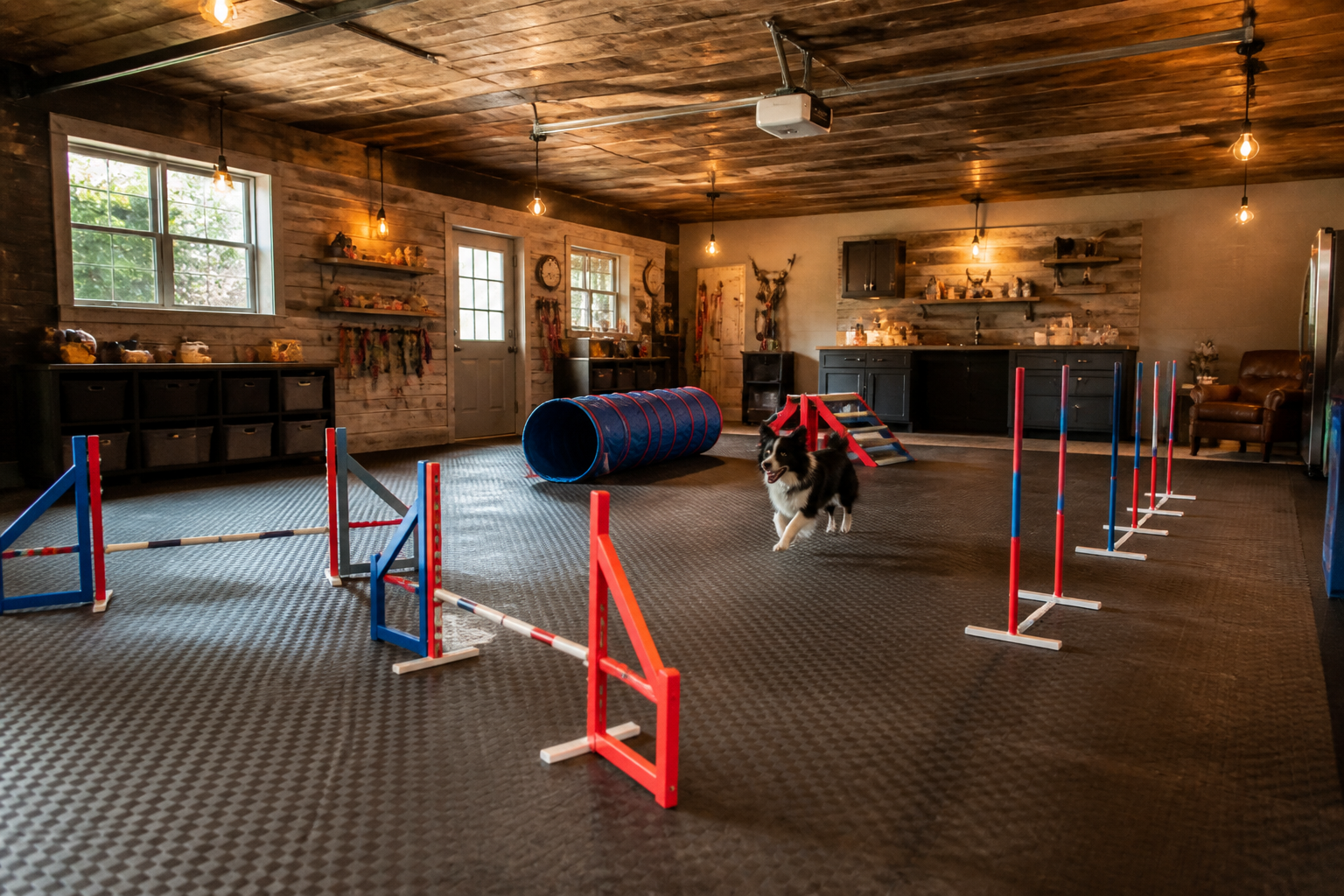 Garage dog agility play area with hurdles and training equipment