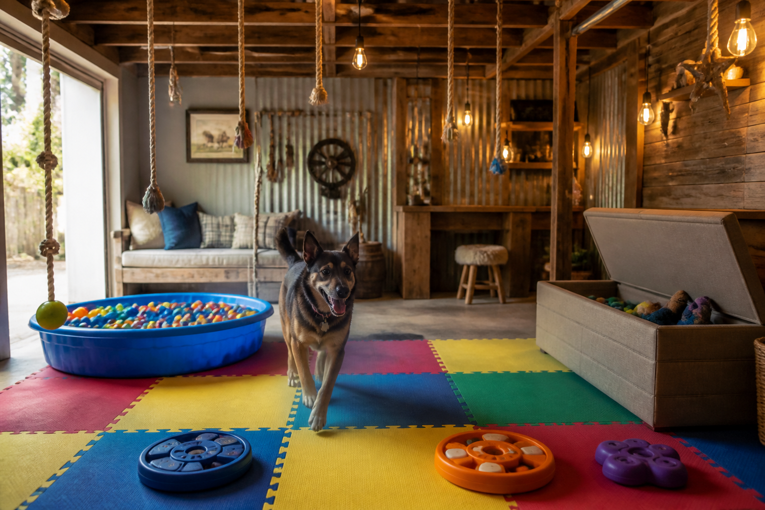 Interactive garage dog play space with ball pit and hanging toys