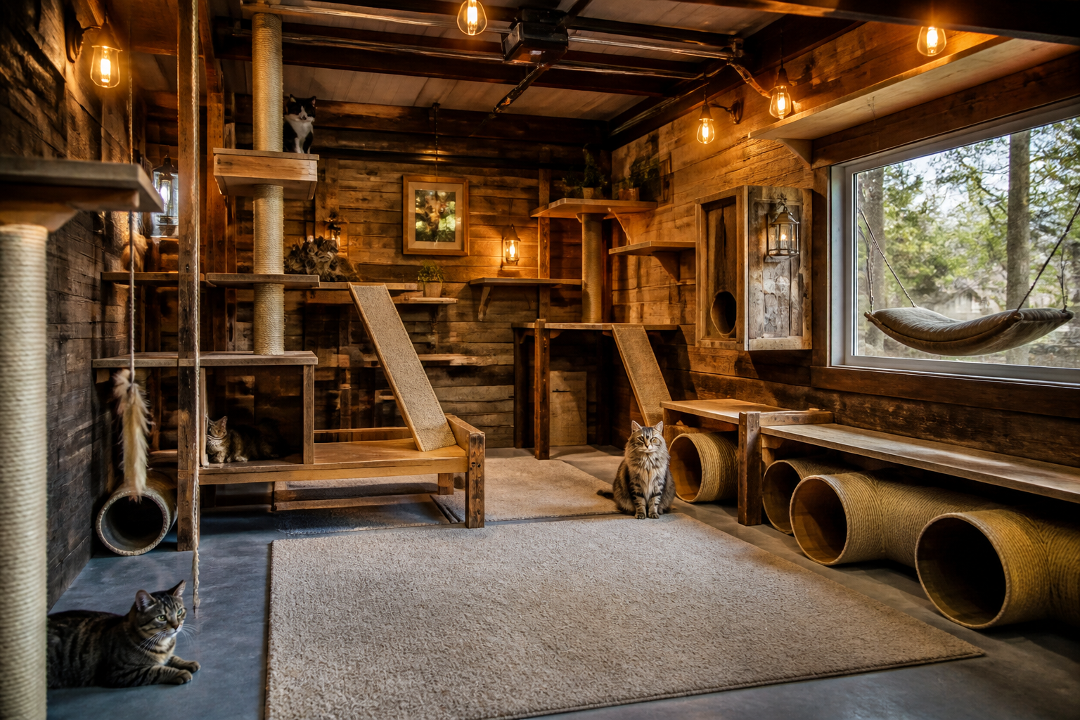 Multi-level garage cat playground with climbing structures and tunnels
