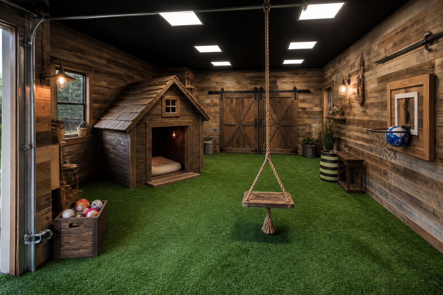 Garage pet play room with synthetic turf and interactive play equipment