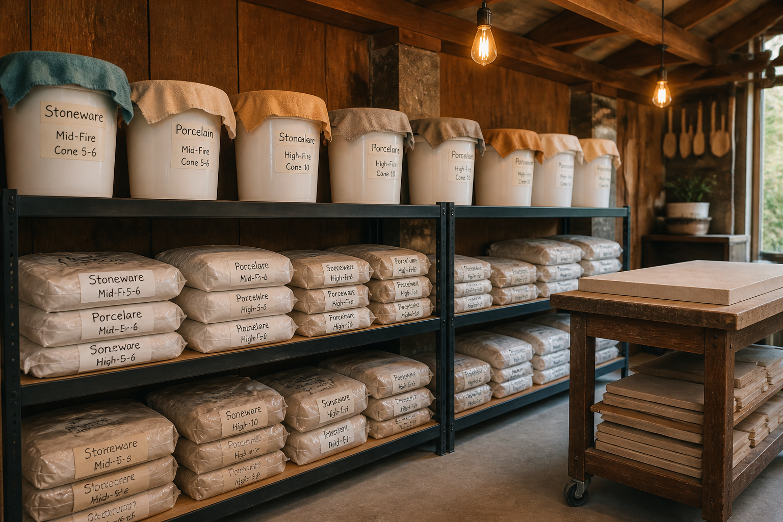 Low garage shelving for clay bag storage with recycling buckets and wedging table nearby